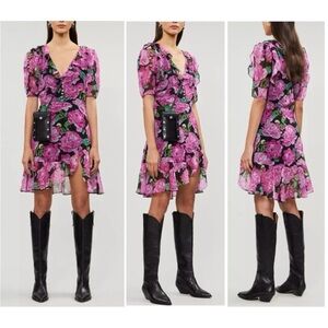 THE KOOPLES Winter Peonies Floral Print Short Sleeve Ruffled Mini Dress Large